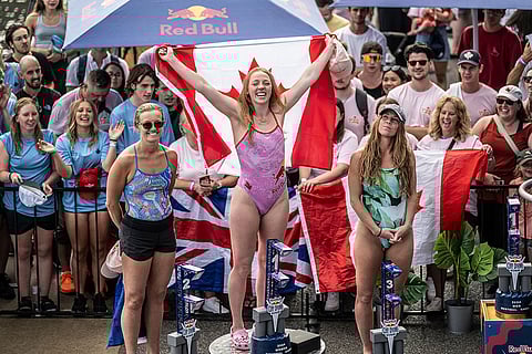 Red Bull Cliff Diving World Series: Rhiannan Iffland of Australia, Molly Carlson of Canada and Kaylea Arnett of the USA react on the podium